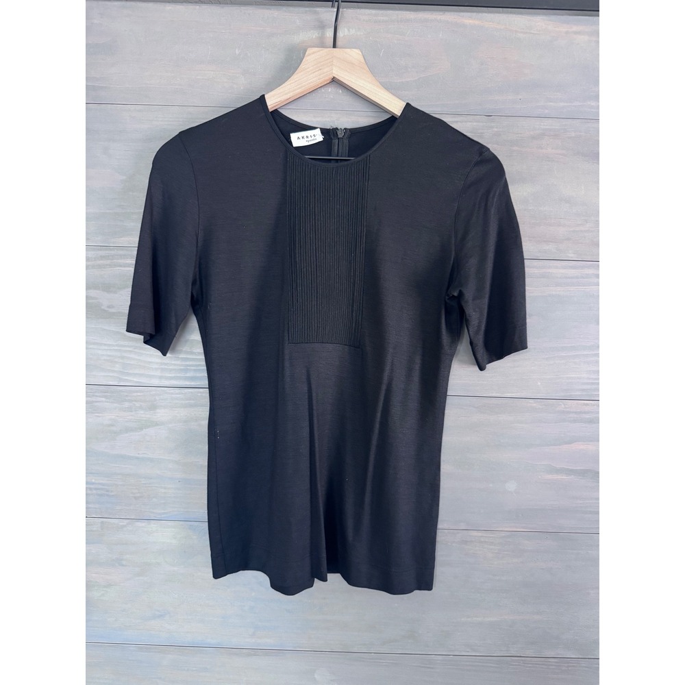 Akris Punto Black Pleated Front Modal Blend Short Sleeve Blouse Top US 6